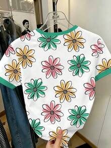 Contrast Color Round Neck Green Daisy Print Short Sleeve Dress T-Shirt, Casual Versatile Top For Young Women In Summer - Multicolor - View 2