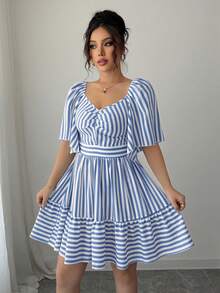 SHEIN Elenzya Latest Spring & Summer Blue And White Striped Short Sleeve Elegant Casual Fitted Waist Mid-Length Dress For Women - Blue and White - View 3