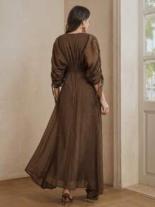 Anewsta V-Neck Elegant Cinched Waist Textured Fabric Vacation Dress For Women, Summer - Coffee Brown - View 2