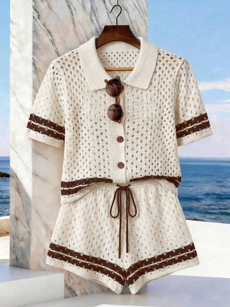 Franclia Bộ đồ thể thao mùa xuân/hè mới, màu mơ, chất liệu rỗng, cổ áo tương phản, dáng rộng, kiểu retro, chất liệu mềm mại, thoải mái, thiết kế cao cấp, áo cardigan cổ polo phối quần short dây rút dành cho nữ. - màu nâu - Xem 1