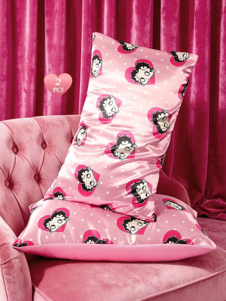 Betty Boop x SHEIN Pink Cartoon Character Decorative Satin Pillowcase Set, A Set Of 2, Thickened Material, Comfortable And Soft, Pattern Printing, Multi-Size Can Be Selected, Suitable For Various Pillows, Machine Washable - Baby Pink - View 1