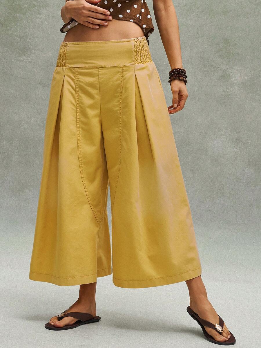 Bohemela Women's Solid Color Woven Wide Leg Pants, Spring/Summer - Yellow - View 1