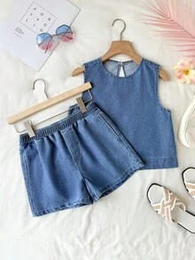2件套少女蓝色牛仔宽松无袖背心和短裤套装 - 淺色水洗藍 - 查看 4
