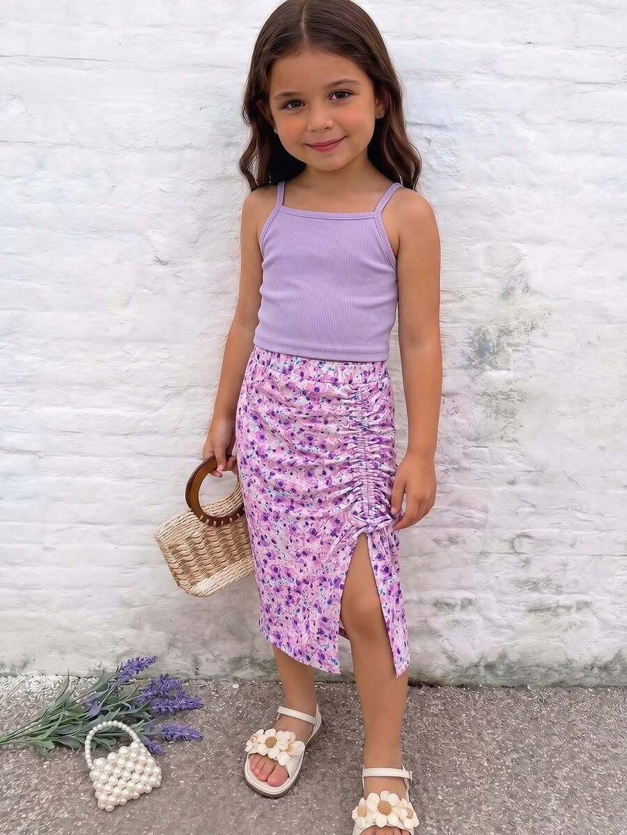 Emery Rose Kids Emery Rose Kids Conjunto de top casual de tirantes finos y sin mangas acanalado para niñas, verano - Morado - Ver 1