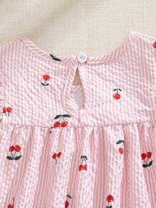 Souflis Souflis 法式新風女嬰幼兒 0-3 歲紅白條紋櫻桃印花荷葉袖洋裝，夏季可愛野餐度假出遊穿搭 - 粉色 - 查看 8