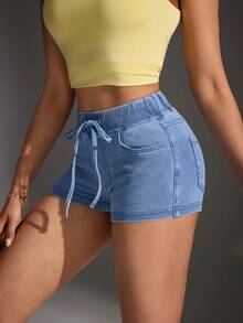 SHEIN FlexDen Quần short denim nữ có dây rút ở eo và túi, kiểu dáng thường ngày, đa năng. - Màu xanh lam - Xem 5