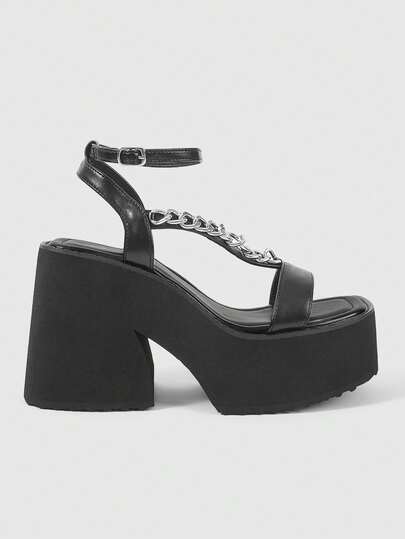 ROMWE Grunge Punk Giày sandal đế xuồng gợi cảm thời trang nữ, phong cách punk gothic với quai chữ chéo bao quanh, thiết kế khóa xích kim loại, thích hợp cho mùa xuân và mùa hè, tiệc tùng, lễ hội.