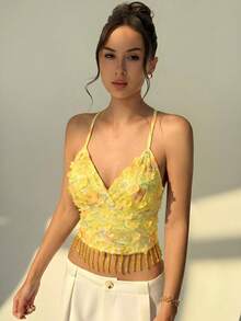 Aloruh Women 3D Floral Decor Fringe Hem Camisole Top,Summer Top - Yellow - View 7