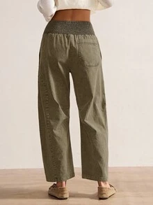 Bohemela Women's Casual Solid Color Woven Loose Low Waist Pants, Autumn/Winter Boho Style - Army Green - View 7