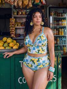 SHEIN Swim 2026新款加大码女士地中海柠檬印花比基尼，提胸高腰显瘦吊带泳衣，清新显瘦海滩度假水疗泳装，女士泳装，女士泳衣，女士夏季两件套泳衣，女士两件套夏季泳装，女士泳装比基尼套装，女士泳池泳装，女士加大码泳衣，女士泳池派对泳装，女士两件套泳衣，女士全包臀两件套泳衣，女士夏季 - 藍色 - 查看 5
