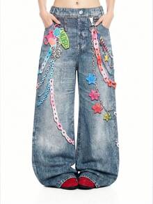 SHEIN 少女夏季彩色3D糖果、星星、花朵和爱心印花宽松阔腿牛仔裤，前口袋设计，纯棉面料，松紧腰带，Y2K复古街头风 - 藍色 - 查看 2