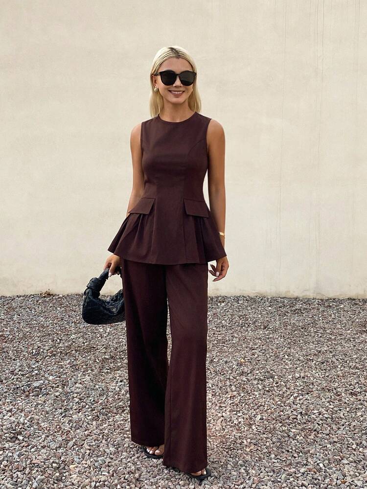 2pcs Women's Casual Sleeveless Crop Top And Wide Leg Pants Set, Spring/Summer