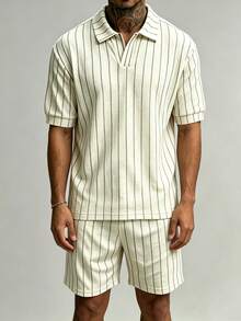 Manfinity Homme Set Kemeja Polo Bergaris Kasual Pria untuk Berpergian - Aprikot - View 4