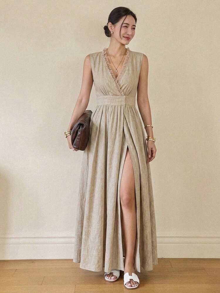 Women's Khaki V-Neck Dress, Elegant Vacation Style With Side Slit And Waist Cinching, Spring/Summer