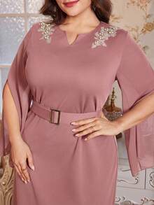 Reflora Plus Size Elegant Party Beaded Embroidered Applique Dress - Pink - View 1