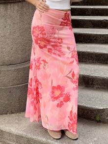 Marta Soriano Women Elegant Floral Print Low Waist Skirt Summer Summer Outfits Summer Clothes Beach Outfits For Woman  Beach Vacation Vacation Outfits Woman Boho Tropical Vacation Woman Clothe Tropical Vacation Woman Clothe Floral - Pink - View 5
