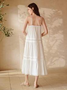 MOTF PREMIUM WOMEN'S SUMMER SOLID COLOR CONTRAST LACE LOOSE CAMISOLE NIGHTGOWN - White - View 3