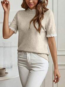 Louniche Áo len ngắn tay cổ tròn màu mơ thanh lịch, viền ren, thích hợp mặc đi làm, ở nhà và mặc hàng ngày, mùa xuân/hè. - Màu Khaki - Xem 3