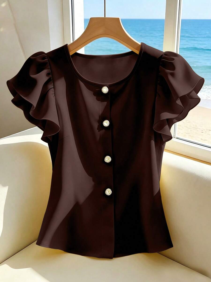 SHEIN Franclia Áo sơ mi nữ màu trơn tay bèo cổ tròn, màu vàng, kiểu dáng Pháp thời trang đa năng với cúc ngọc trai ngắn, áo mùa hè thanh lịch. - Cà phê nâu - Xem 1