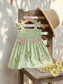 SHEIN Vintaside Kids 女婴夏季无袖吊带连衣裙，时尚、甜美、休闲、清新、优雅，适合海滩郊游、度假和聚会。 - 綠色 - 查看 6