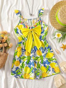Girls Casual Cute Bow Ruffle Sleeve Romper, Summer - Yellow - View 2