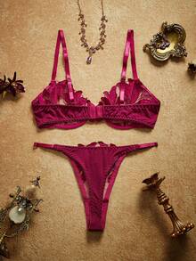 Conjunto de ropa interior para mujer con flores bordadas sexy, conjunto de lencería de 2 piezas con sujetador con aros y braga - Morado - Ver 2