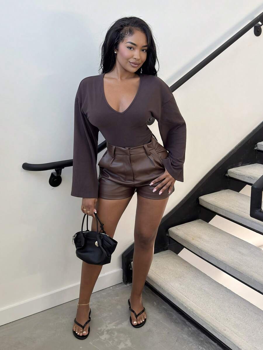 Alexandranx 女士V领喇叭袖针织毛衣 - 棕色 - 查看 1