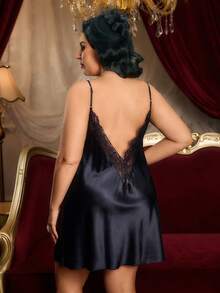 PinupPomp Plus Size Women Deep V-Neck Backless Lace Slip Dress, Sexy & Figure-Flattering - Black - View 1