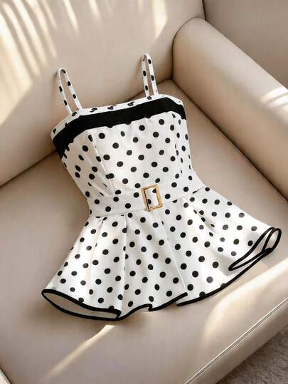 GlowEve CURVE Áo camisole nữ cỡ lớn, chất liệu vải chấm bi, phối màu tương phản, dáng xòe.