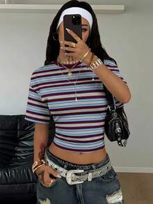 SHEIN Coolane Women's Casual Striped Cropped T-Shirt, Summer - Multicolor - View 6