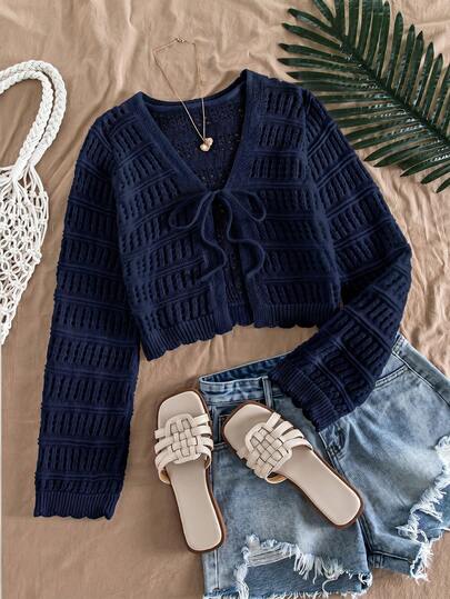 Travachic Áo khoác cardigan nữ màu trơn cổ chữ V thắt nơ phía trước, kiểu dáng thường ngày.