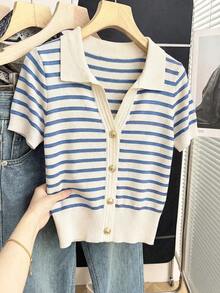 Franclia New Commuting Chic Design Turndown Collar Contrast Color Classic Striped Decor Matching Delicate Metal Button Loose Short Sleeve Knit Top - Multicolor - View 5