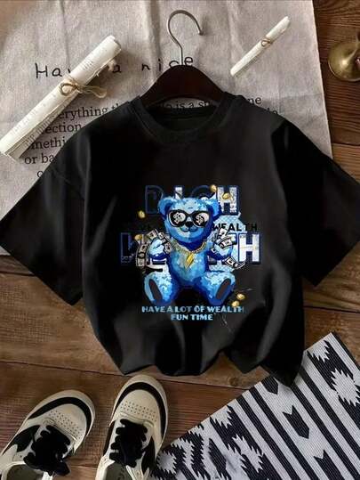 Camisetas impresas para niños de  8 a 14  años para niños y niñas Estilo Urban con Estampado de Oso de Peluche Rico (Diseño Azul con Gafas de Dólares, Dinero y Frase "HAVE A LOT OF WEALTH"), Material Ligero y Transpirable, Ideal para Salidas Juveniles o Momentos Informales, Resistente al Desgaste, Fácil de Mantener, Perfecta para Niños que Disfrutan de Diseños Modernos y Divertidos.