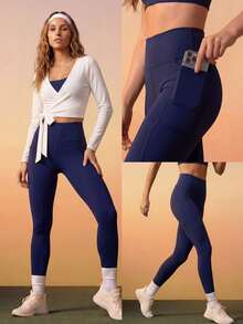 Quần legging thể thao có túi bên hình tam giác và cạp quần rộng. - Màu xanh hải quân - Xem 5