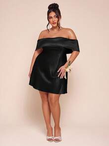 SHEIN BAE Plus Size Women's Off-Shoulder Backless Bow Satin Slim Fit Mini Dress - Black - View 4