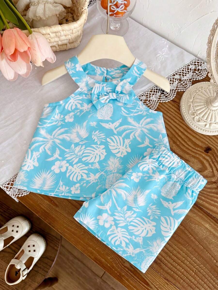 SHEIN 女婴套装 6个月-3岁 2件套 夏季优雅迷人休闲日常宽松套装,无袖荷叶边印花上衣和印花短裤 - 藍色 - 查看 1