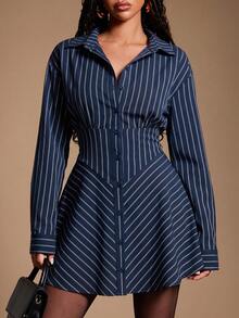 Radiana Plus Size Fashionable Commuter Striped Front Button Dress, Navy Blue - Navy Blue - View 1