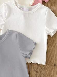 SHEIN Playful Pals 4pcs/Set Infant & Toddler Girls Grey And Pink,Summer,Casual,Graduation,Back-To-School Korean Style Ruffle Trim Ribbed Solid Short Sleeve Basic Tops - Multicolor - View 6