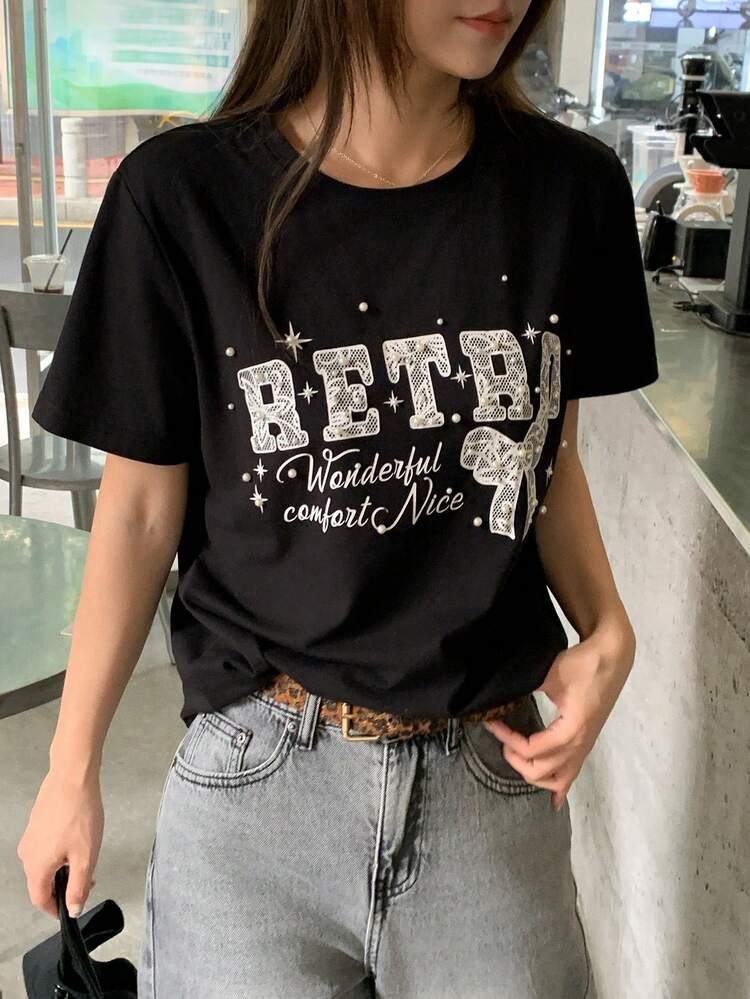 Women's Summer Round Neck Short Sleeve Letter Print Pearl Decor Casual Pullover T-Shirt