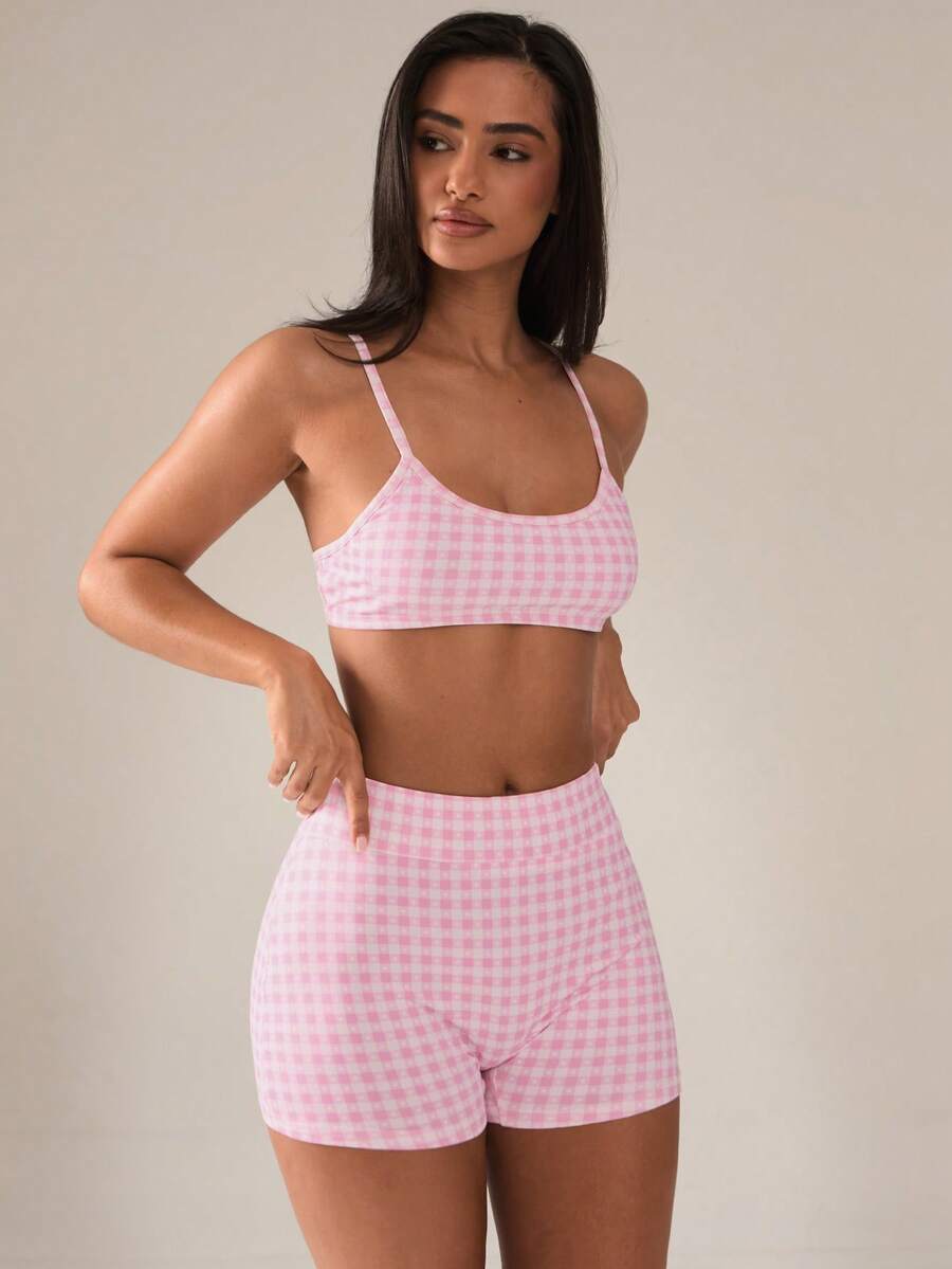 SHEIN BAE 女士格子吊带背心和短裤休闲运动套装 - 粉色 - 查看 1