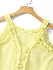SHEIN Franclia Women's Ruffled V-Neck Camisole Top, Textured Fabric, Loose Fit, Slimming, Suitable For Daily Wear, Vacation And Travel, Spring/Summer - Light Yellow - View 3