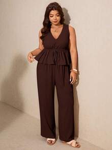 Elaquor Plus Size Casual Solid Color Tank Top And Pants 2 Pieces Set - Coffee Brown - View 3