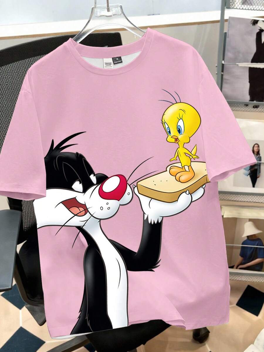 Looney Tunes X Manfinity Manfinity Joysei Camiseta de manga corta con cuello redondo y estampado de animales de dibujos animados para hombres - Rosa - Ver 1