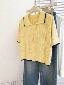 Franclia Cárdigan casual y suelto con cuello polo, manga corta, tejido calado y diseño de ribete de contraste en color albaricoque para mujer, primavera/verano - Amarillo claro - Ver 3