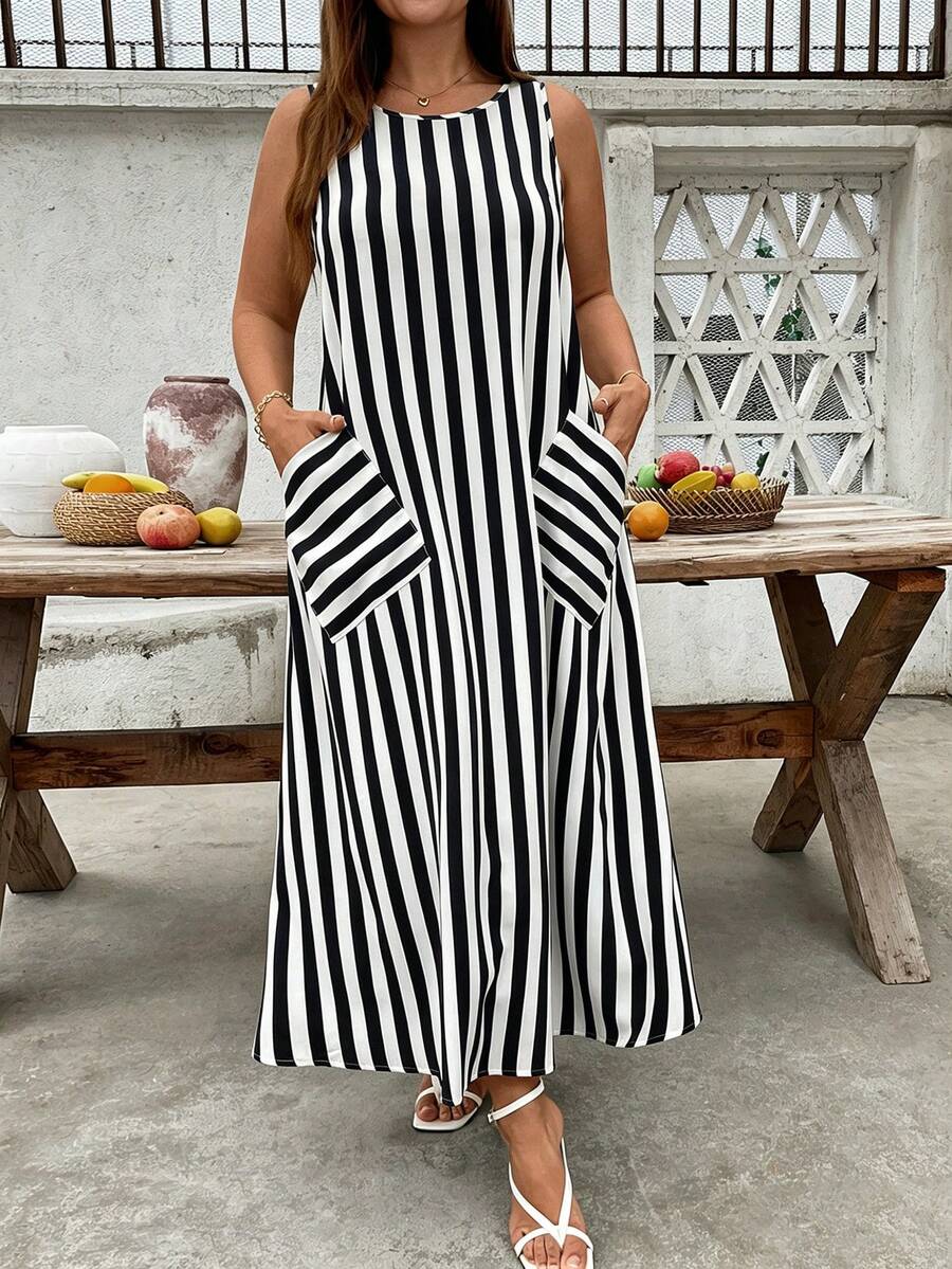 Đầm maxi nữ dáng suông, kẻ sọc, thắt nút tre, không tay, xẻ tà, có túi, thích hợp cho mùa xuân/hè. - Đen và trắng - Xem 1