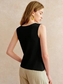 Blusa de punto sin mangas con botones delanteros de unicolor para mujer - Blanco - Ver 9
