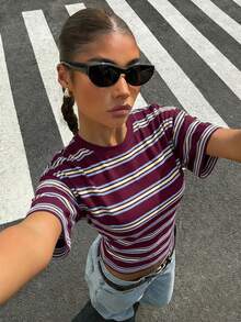 Muchica Casual Minimalist Style Preppy Style Wine Red, Blue, Yellow Striped Women T-Shirt, Suitable For Spring And Summer - Multicolor - View 4