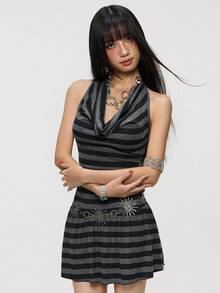 Rina Fox Đầm ngắn hở lưng cổ yếm kẻ sọc thời trang dành cho nữ, thích hợp cho mùa hè. - Nhiều màu - Xem 1
