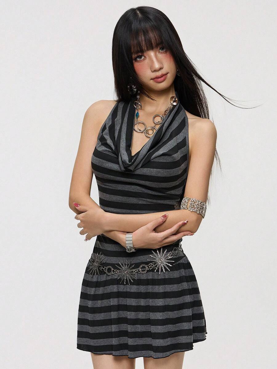 Rina Fox Đầm ngắn hở lưng cổ yếm kẻ sọc thời trang dành cho nữ, thích hợp cho mùa hè. - Nhiều màu - Xem 1