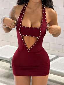 StreetHx Women's Punk Rock Rivet Deep V-Neck Backless Bodycon Mini Dress - Burgundy - View 5